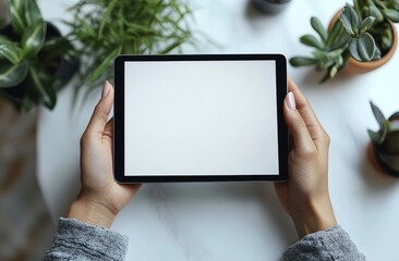 Poster - A cropped shot of hands using a tablet and smartphone mockup at a white office desk. Mobile phone with a blank screen for graphic display.