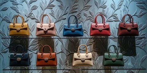 A designer handbag collection displayed on a stylish showcase with various designs.