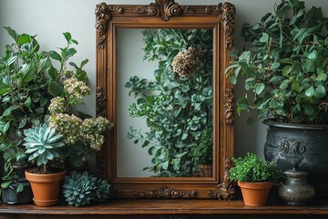 Poster - Modern and floral concept of shelves in the Scandinavian room with mock-up photo frame on the brown bamboo shelf, surrounded by gorgeous plants in different hipster and design pots. White walls.