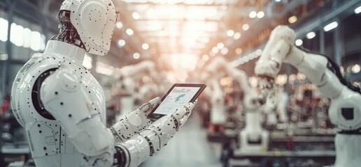 Poster - Industrial engineer manager working and controlling robotics using monitoring software and icon industry network connection on tablet.