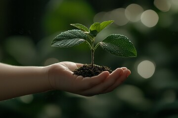 Aufkleber - Children holding plants with sunlight on a green nature background. Concept for Earth Day.