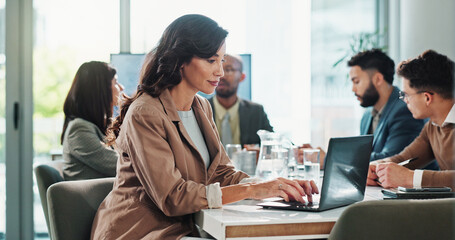 Aufkleber - Business woman, laptop and research in meeting with project administration, proposal and planning in office. Manager, tech and diversity with typing report for discussion, feedback and communication