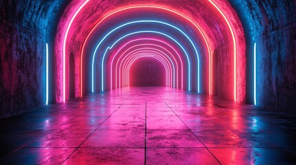 Leinwandbilder - Neon light shapes on black background, rainbow colors, empty space, eighties retro style, fashion show stage, abstract background, 3D rendering, concept art.