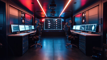 Fototapete - A neon-lit studio filled with surreal screens showcasing various content creation tools, illuminated by electric blue lights.