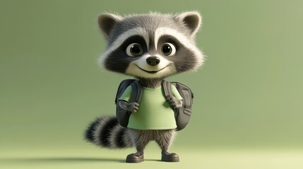 Aufkleber - A cute cartoon raccoon character wearing a green shirt and backpacks, smiling playfully.