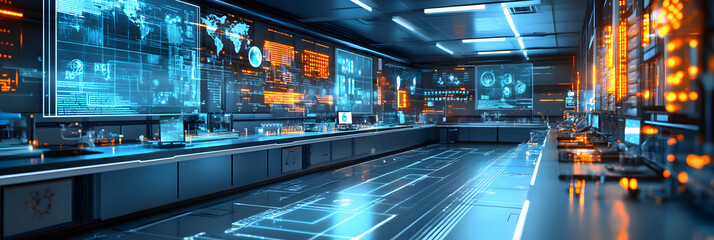 A Futuristic Laboratory with Monitors Displaying Complex Data and Code