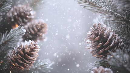 Wall Mural - frame photo, pine branches, light and christmas decoration on mulberry paper texture style for new y