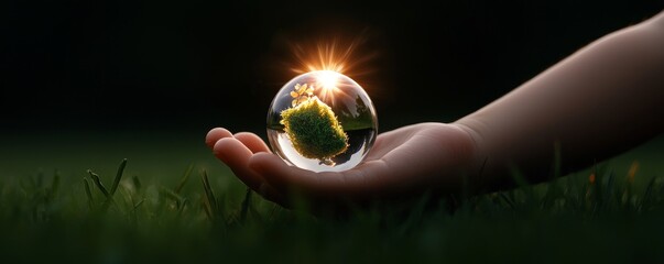 Aufkleber - Taking a hand holding the crystal globe during Earth Day on Earth Day. The idea is to save the planet, conserve nature and limit global warming by using renewable energy.