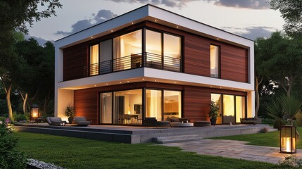 Fototapete - An evening scene in front of an elegant modern house illuminated by elegant lighting and a garden