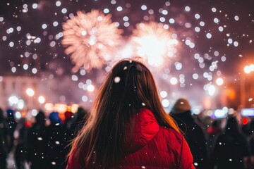 Aufkleber - Photograph of a girl dressed in winter clothing surrounded by a happy crowd on New Year's Eve