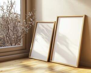 Aufkleber - 3D render of three wooden frames mocked up in ISO ratio in a room