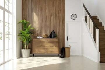 Aufkleber - Interior stylish wooden entrance hallway decor with cozy wooden tone, contemporary home furniture desk, stand, and shoe bench.
