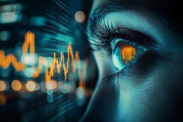 Aufkleber - An uptrend stock market background with a financial chart created by a human eye, candlestick patterns, and a futuristic background with a human eye
