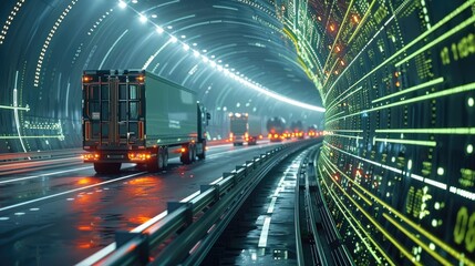 Poster - An advanced road system with trucks and cars on the highway, showing live vehicle count and delivery times, with futuristic lighting.