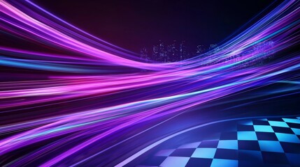 Fototapete - An abstract virtual reality background with futuristic neon lights, empty space with reflections on the floor, internet data network connection, a futuristic scene with reflections.