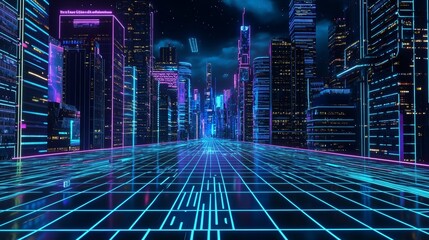 Canvas Print - Smart city landscape with high tech and digital connections, city night light background, data tech, neon light of building skyscraper, 3D rendering.