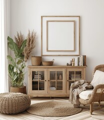 Poster - A cozy modern room with natural wooden furniture, rendered in 3D