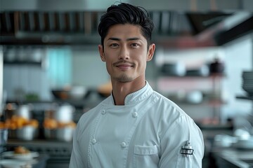 Poster - A handsome black hair white uniform chef in kitchen.