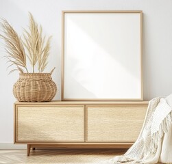 Poster - Frame mockup with white interior background, natural wooden table and decor, 3D rendering