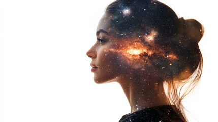 Fototapete - Stock image of a woman interwoven with stock visuals in a double exposure effect.