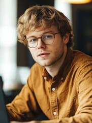 Wall Mural - Professional Young Man Working at a Coffee Shop