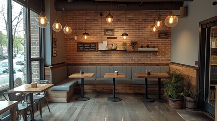 A cozy conversational seating area in a minimalist, industrial chic coffee shop with subtle rustic wood.