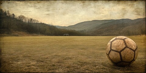 Wall Mural - A worn soccer ball rests on an empty field with mountains in the background.