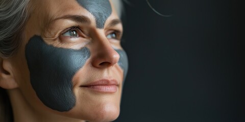 Wall Mural - A woman with a black face mask on her face. She is smiling