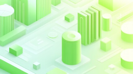 Poster - Abstract green cityscape with geometric buildings and structures.