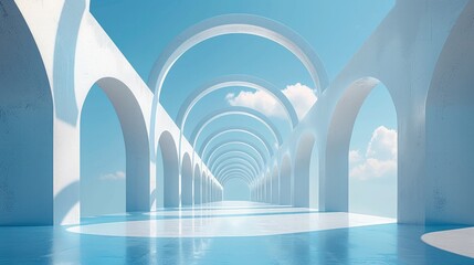 Leinwandbilder - A minimalist composition of several white arches on an empty blue sky background, creating a sense of depth and perspective.