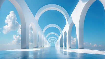 Leinwandbilder - A minimalist composition of several white arches on an empty blue sky background, creating a sense of depth and perspective.