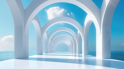 Leinwandbilder - A minimalist composition of several white arches on an empty blue sky background, creating a sense of depth and perspective.