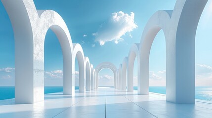 Leinwandbilder - A minimalist composition of several white arches on an empty blue sky background, creating a sense of depth and perspective.