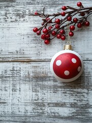 Wall Mural - red and white christmas - ball and berries on aged wooden background with copy space