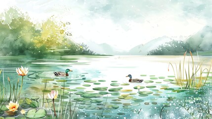 Wall Mural - a watercolor painting of a lake with ducks and lily pads.