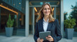 © Анатолий - Female Executive Exits Modern Corporate Building Holding a Tablet