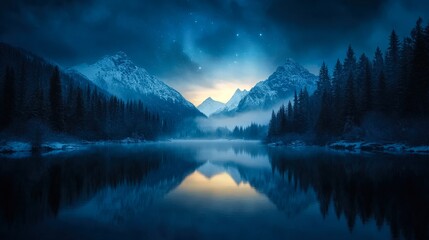 Canvas Print - Misty mountains rise above a tranquil lake, surrounded by dense evergreen forests under a starry night sky, This serene landscape is ideal for nature-inspired projects, travel blogs