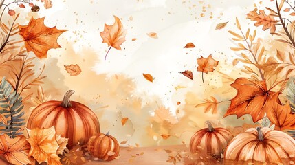 Wall Mural - watercolor painting of a fall scene with pumpkins and leaves.