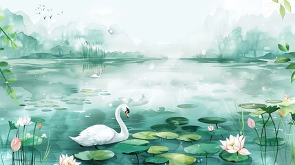 Wall Mural - a watercolor painting of a peaceful lake with swans and lotus flowers.