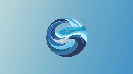 An abstract blue wave design in a circle on a blue background.