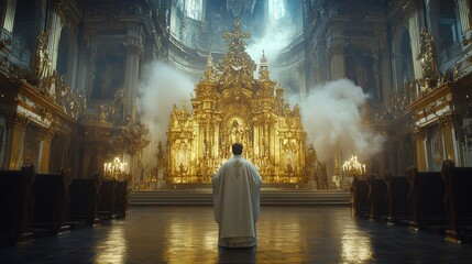 A man stands in front of a gold and white church