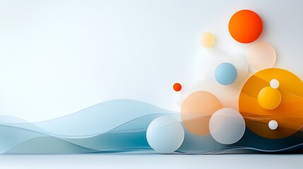 Wall Mural - Serene and tranquil minimalist landscape scene featuring abstract geometric spheres in a vibrant pastel gradient background with rolling hills and mountains