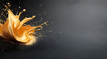 Wall Mural - Vibrant golden liquid splash burst and explosion of dynamic energy and motion on a dark moody backdrop  Visually striking abstract art with a modern premium and aesthetic