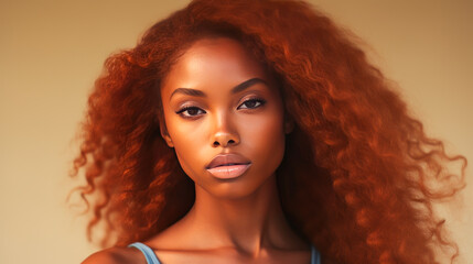 Portrait of smiling African American girl with short red hair beige background banner.