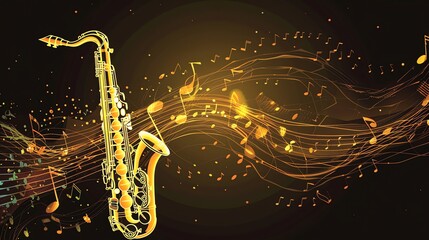 Sticker - A gold saxophone with a background of music notes and golden swirls.