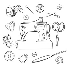 Vector illustration pincushion and sewing accessories. Handicraft tools hand drawn in doodle style.