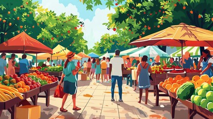 Canvas Print - A vibrant illustration of a bustling outdoor market with people buying fresh produce.