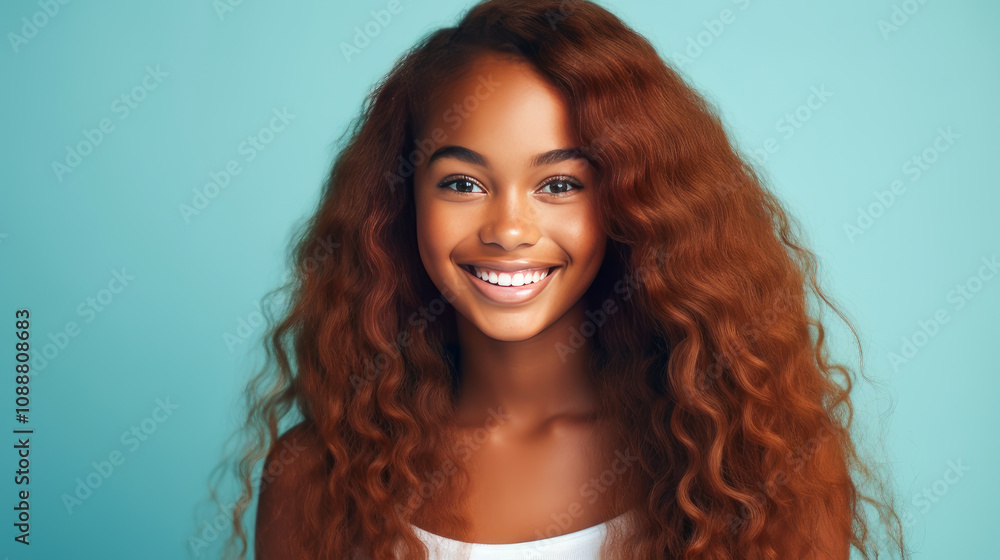 Portrait of smiling African American girl with long red hair blue ...