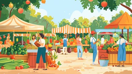 Canvas Print - An illustration of a bustling farmers market with people buying fresh produce.