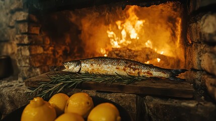 Sticker - A beautifully grilled fish lies on a wooden board, surrounded by fresh lemons and set against a warm, glowing fireplace.